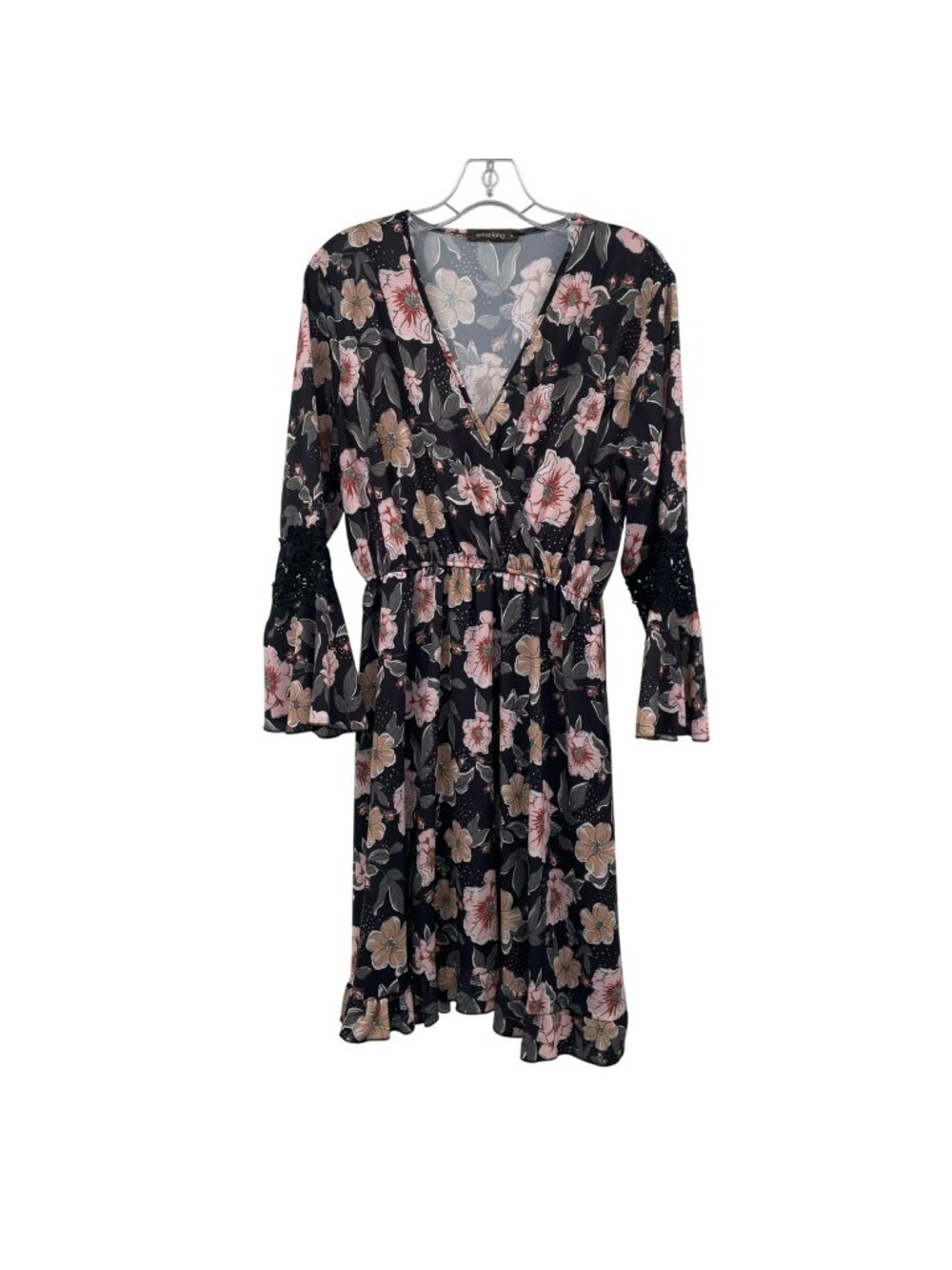 Erika Lang Womens Floral A-Line Dress Long Flare Sleeve Black/Multi Size XL